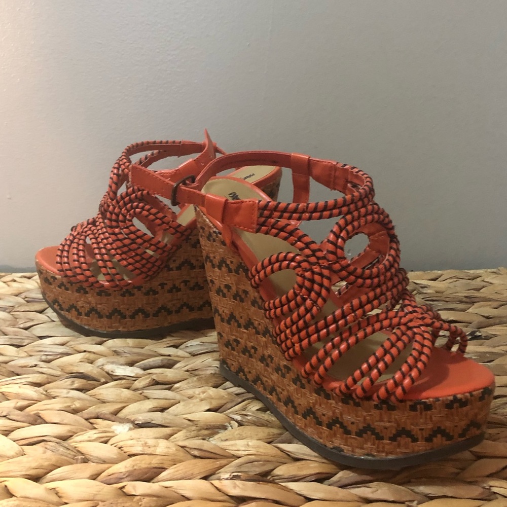 Missimo Orange & Black Design Cork Wedges